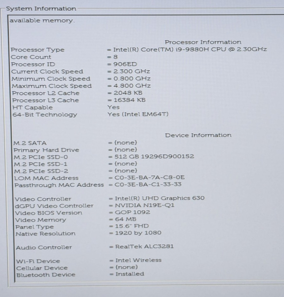 Dell Precision 7540 15.6″ i9-9880H 2.30GHz 32GB 512GB SSD W11P RTX 3000 GS1SW33