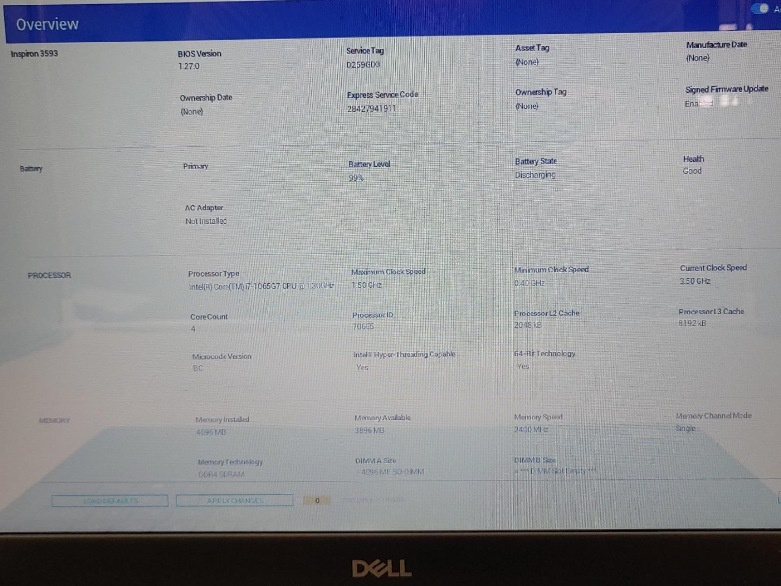 Dell Inspiron 3593 15.6″ Touch i7-1065G7 4GB *NO HDD/SSD/OS/AC* *BROKEN DC JACK*