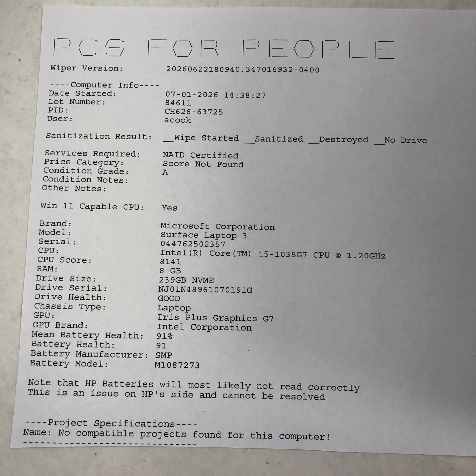 Microsoft Surface Laptop 3 1868 Intel Core i5-1035G7 8GB RAM 256GB SSD No OS