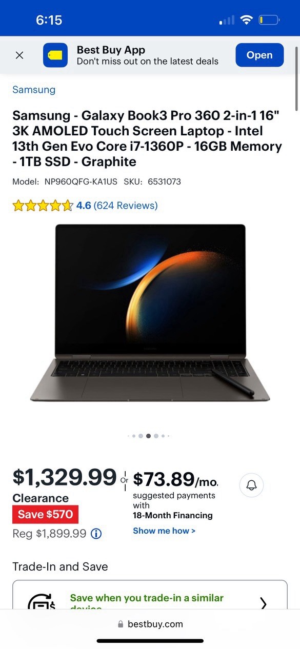 Samsung Galaxy Book3 Pro 360 2-in-1 Laptop 16″ 3K, I7-1360P, 16GB RAM, 1TB SSD