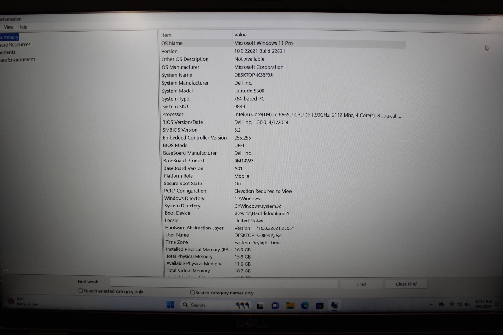 Dell Latitude 5500 I7-8665U 256GBNvME SSD 16GB DDR4 Win11Pro 1366×768