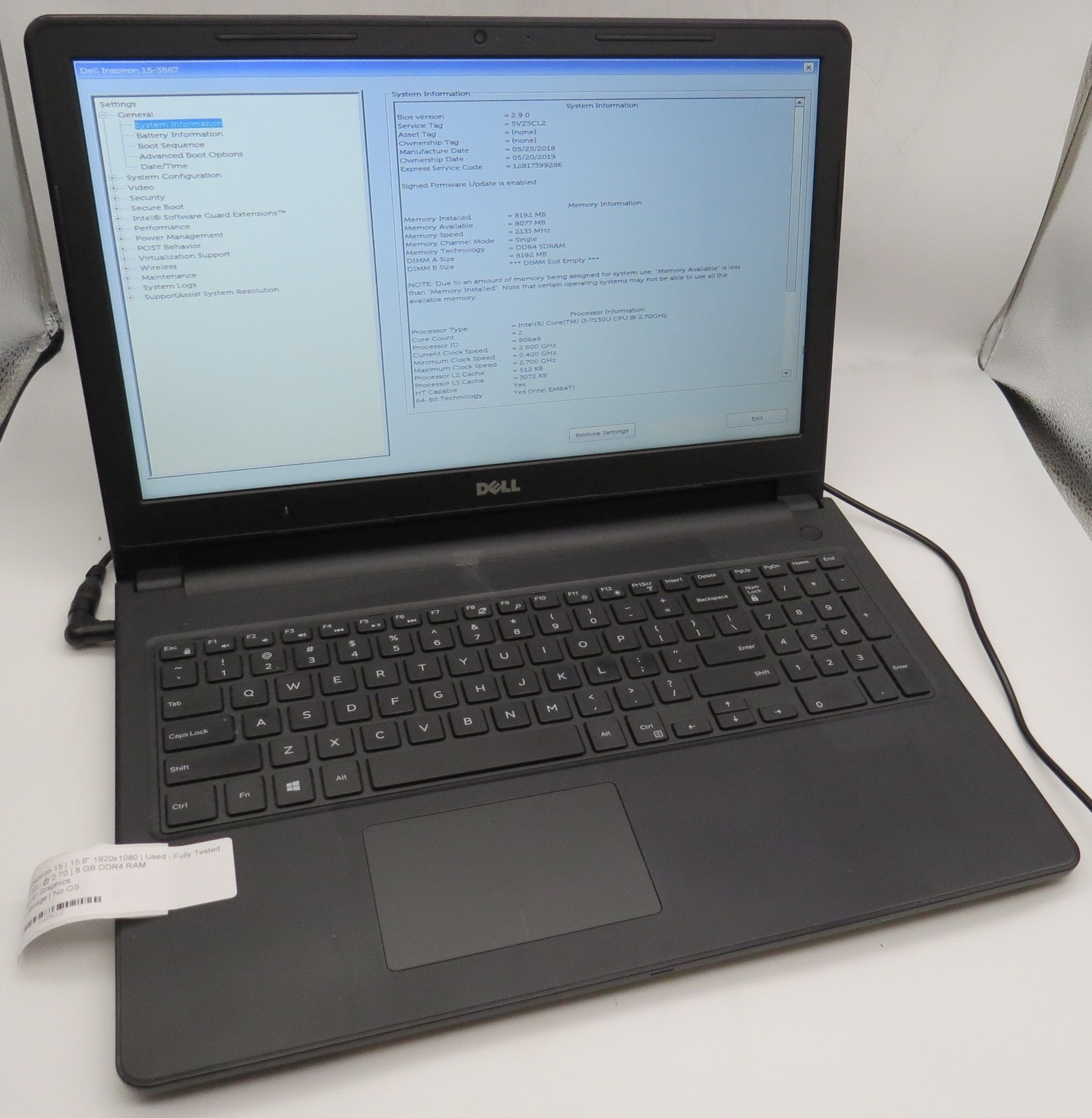 Dell Inspiron 15 3567-15.6″-i3-7130U@2.7GHz-8GB DDR4 RAM-NO STRG-NO OS **READ**
