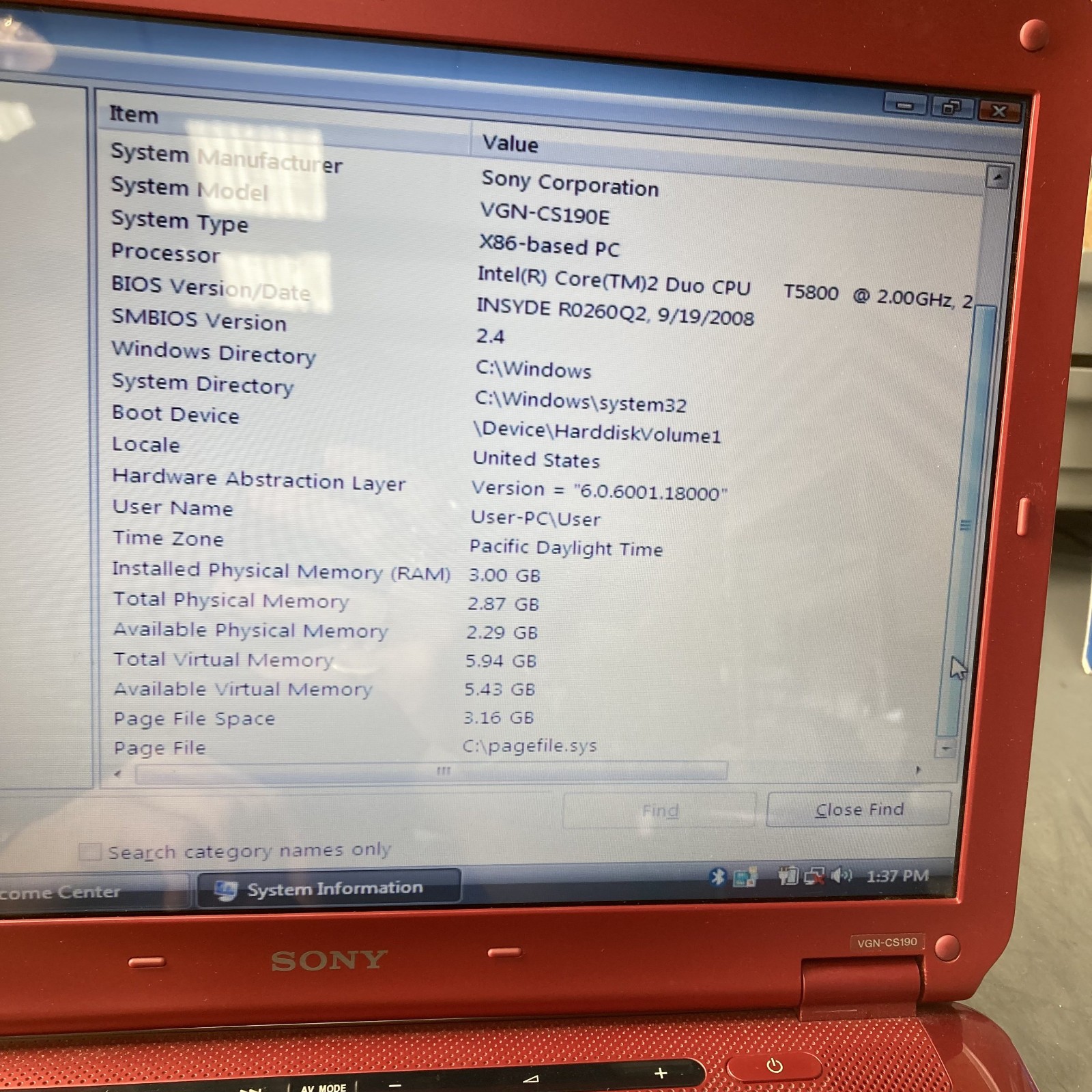 RED Sony Vaio VGN-CS190 14.1″ Laptop Core 2 Duo 2GHz 3GB RAM 250GB HDD Vista