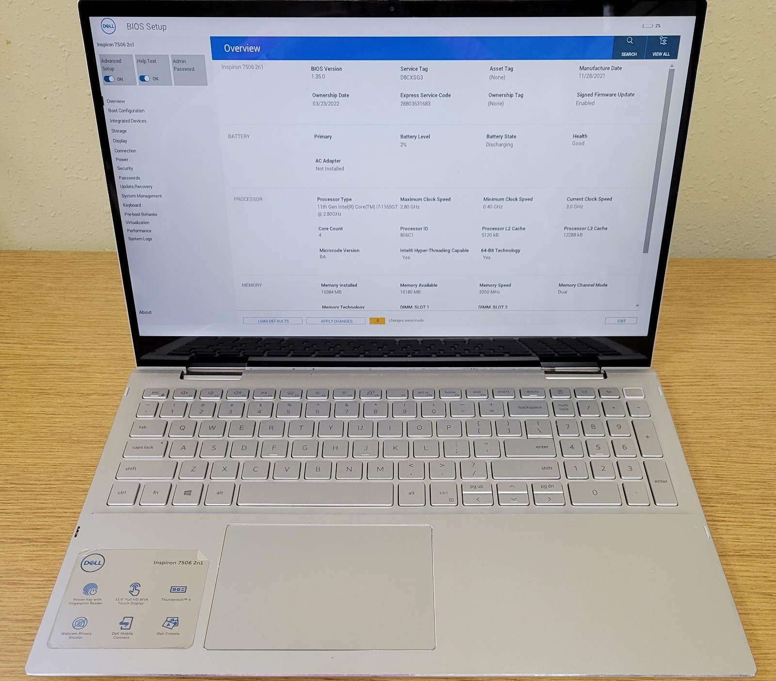 Dell Inspiron 7506 2-in-1 i7-1165G7 2.80GHz 16GB 256GB NVMe No OS “B” GRADE