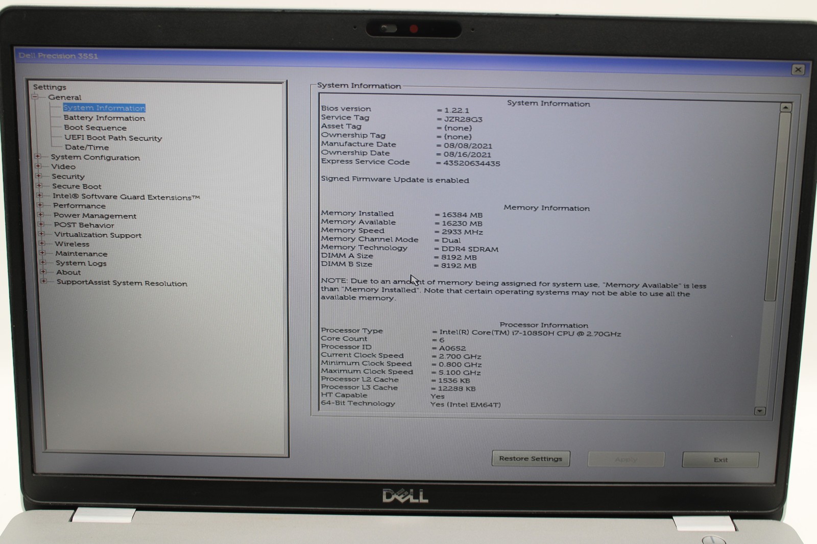 Dell Precision 3551 _ i7-10850H _ 16GB / 256GB _ NVIDIA P620 _ W11H
