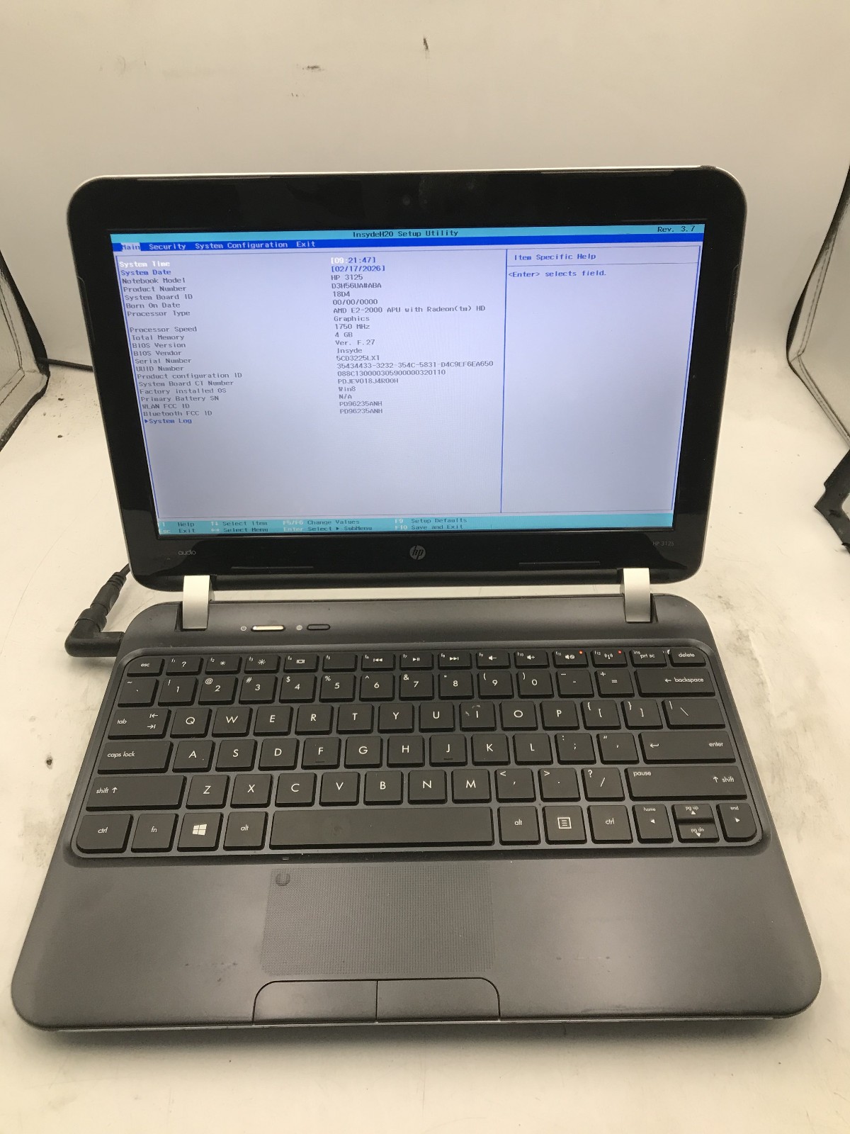 HP 3125 LAPTOP – BOOTS TO BIOS – AMD E2 2000 – NO RAM – 12″ -READ DESCRIPTION-BB
