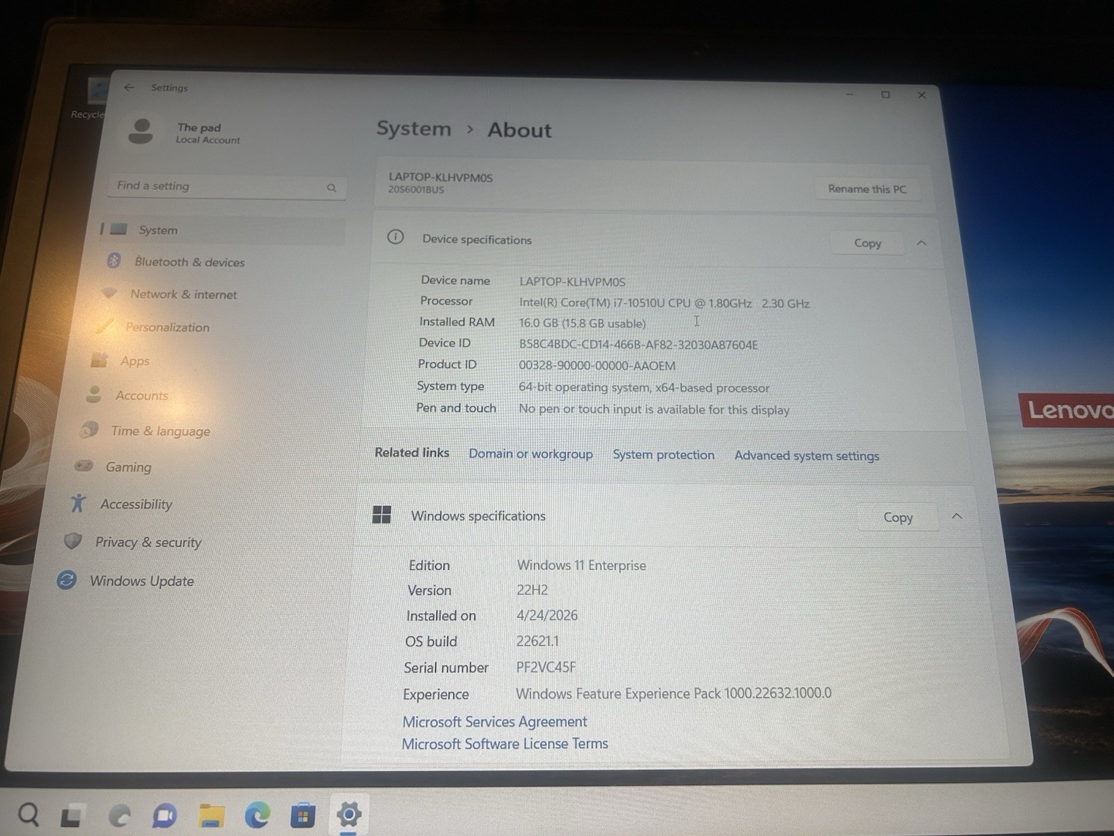 Lenovo ThinkPad T15 Gen 1 15.6″ i7-10510U 16GB 256GB SSD Win 11 Ent