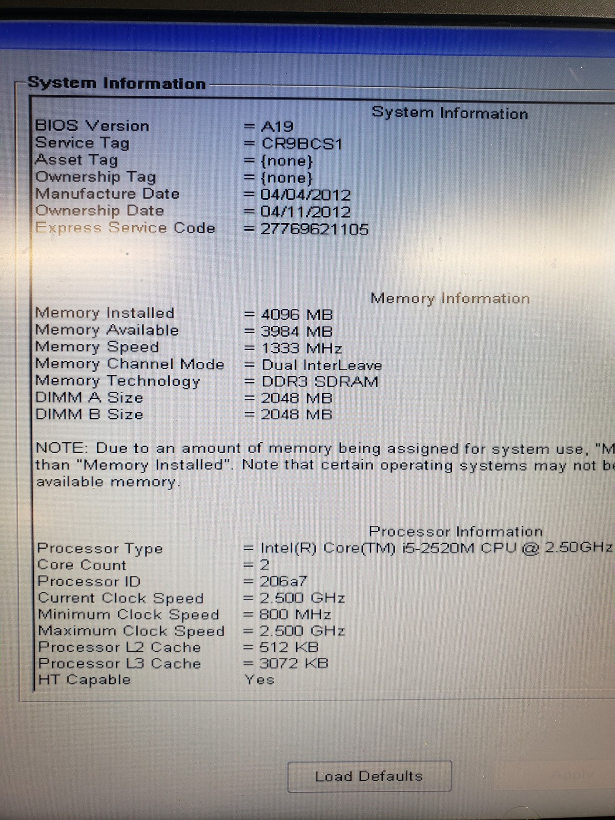 Dell Latitude E6520 Intel Core i5-2520M 4 GB No Drive 15.6″ 1600×900