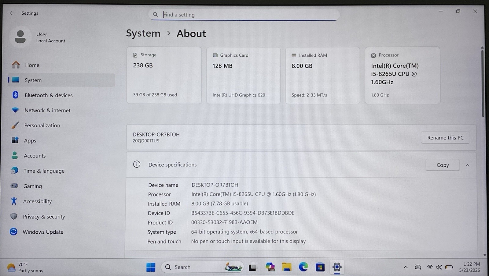 Lenovo ThinkPad X1 Carbon 7th Gen Core i5-8265U @ 1.60GHz 8GB RAM 256GB SSD W11P