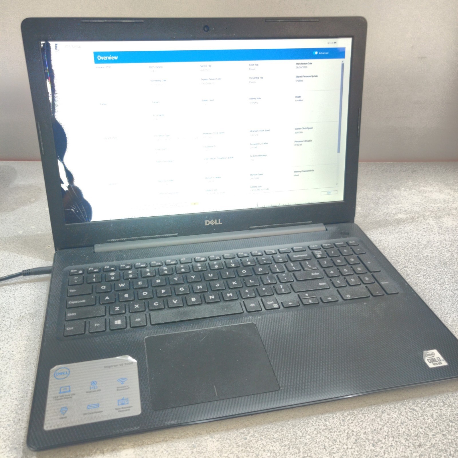 Dell Inspiron 3593 15.6″ i7-1065G7 12GB DDR4 NO SSD/OS/AC FOR PARTS BAD LCD
