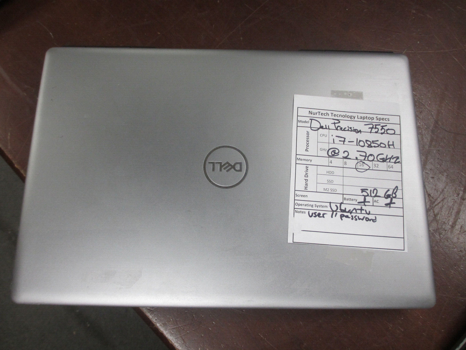DELL PRECISION 7550 i7-10850H 2.70Ghz 16GB 512GB M2 SSD Ubuntu Laptop w/ AC