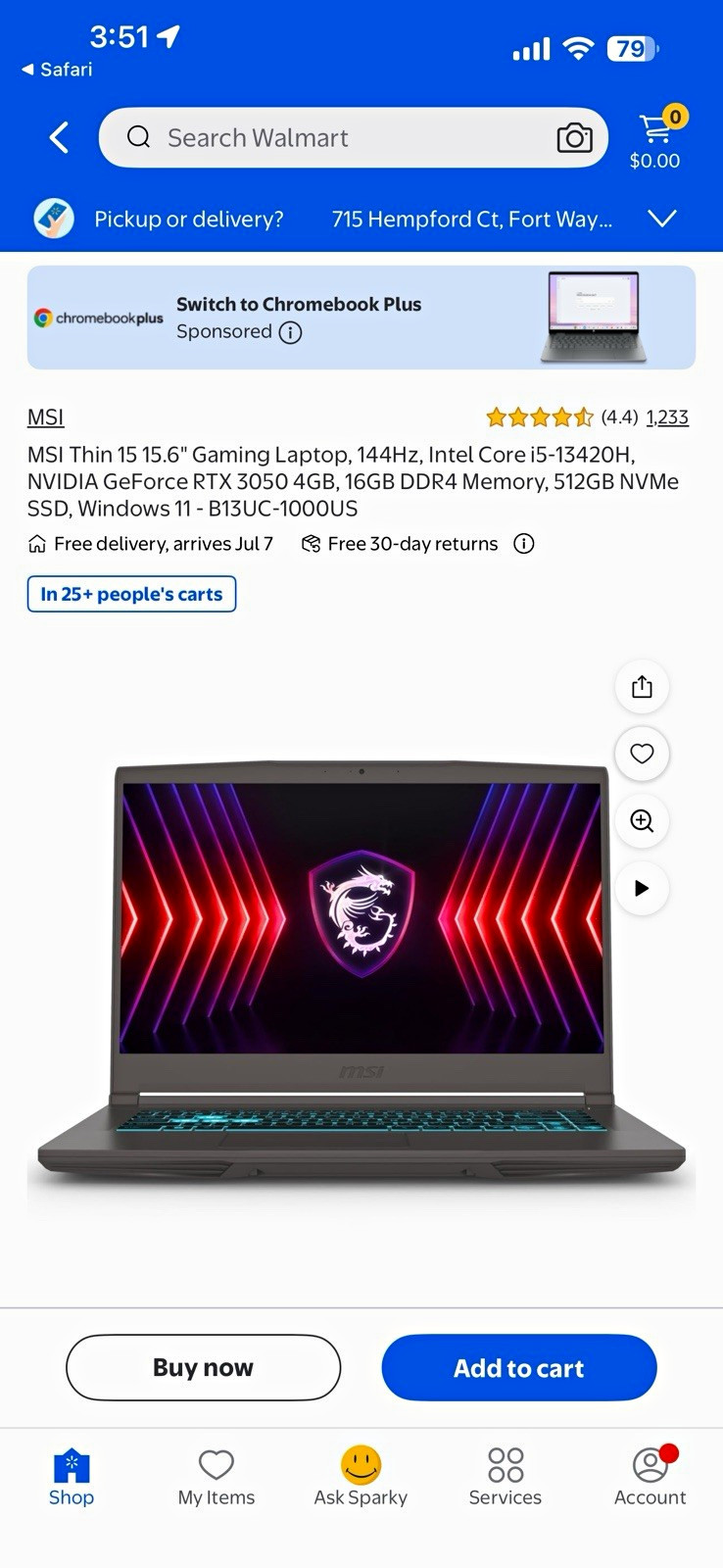 MSI Thin 15 15.6″ i5-13420H 16GB 512GB NVMe RTX 3050 Win11 Black