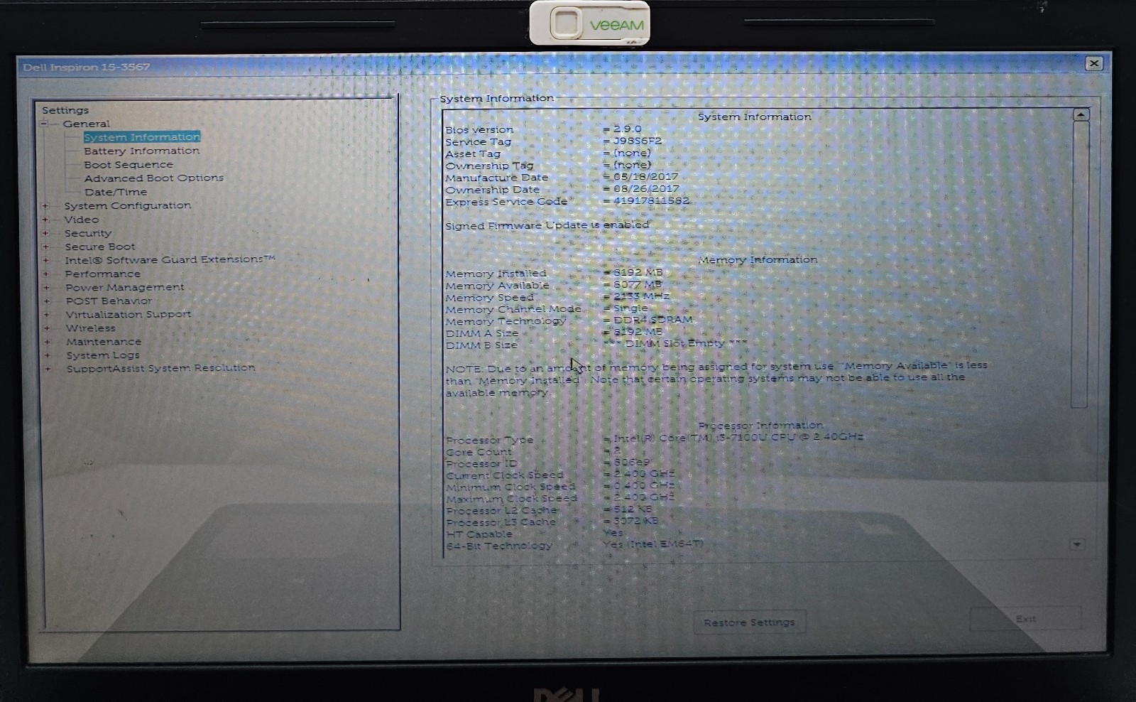 Dell Inspiron 15-3567 Laptop Intel Core i3-7100U 8GB RAM NO HD/OS/BATT (FL)
