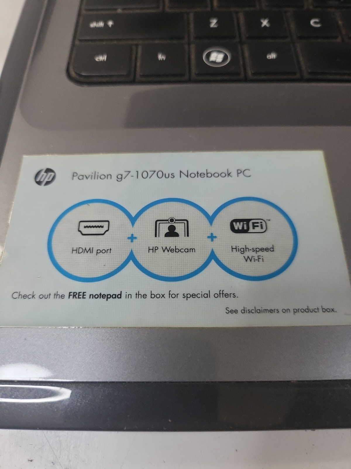 HP Pavilion G7-1070US Notebook PC Intel Corei3 No Battery No Charger Untested