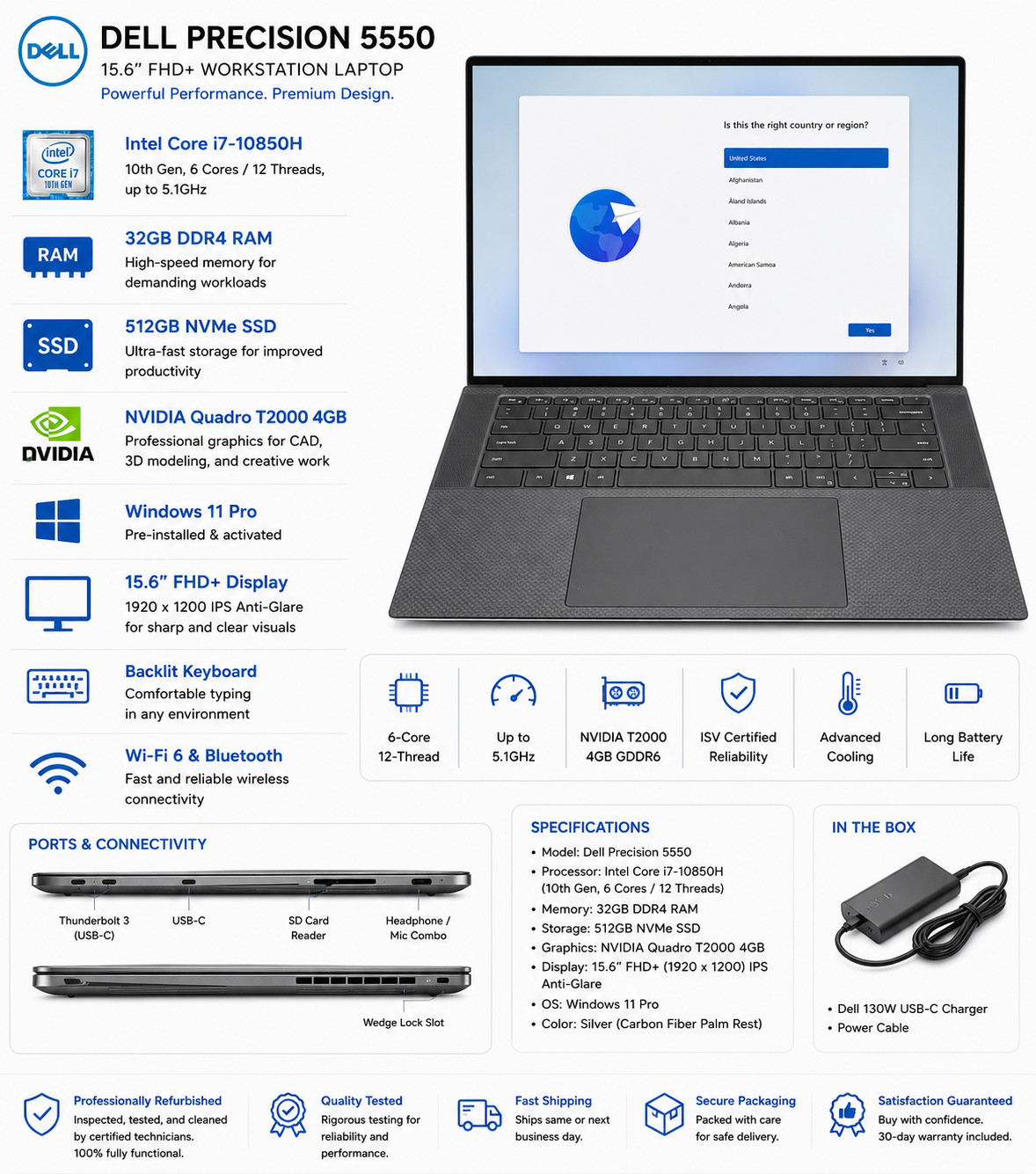 Dell Precision 5550 15.6” FHD+ Intel i7-10850H 32GB RAM 512GB SSD NVIDIA T2000 W
