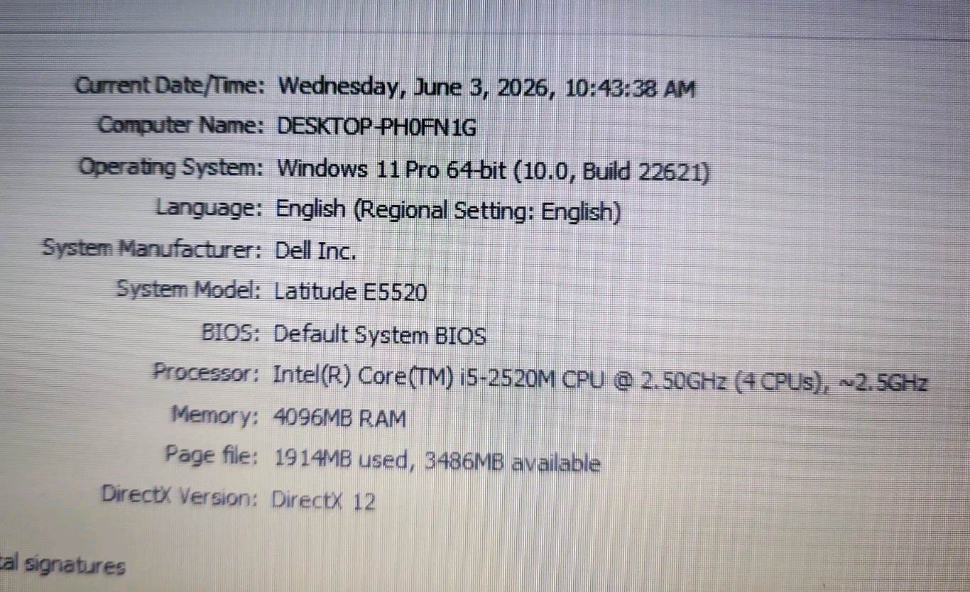 Dell Latitude E5520 i5-2520M CPU@2.5GHz 4GB RAM 500GB HDD No Batt(626A6)