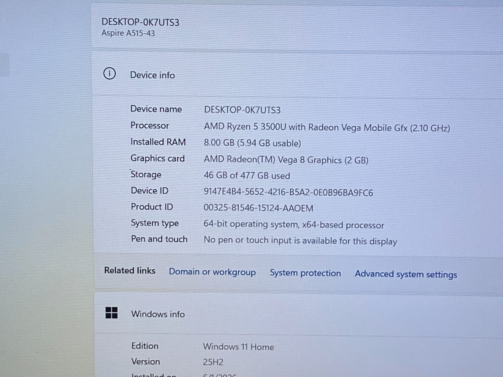 Acer Aspire 5 15.6″ A515-43 AMD Ryzen 5 5500U @ 2.10GHz 512GB NVMe 8GB RAM W11H