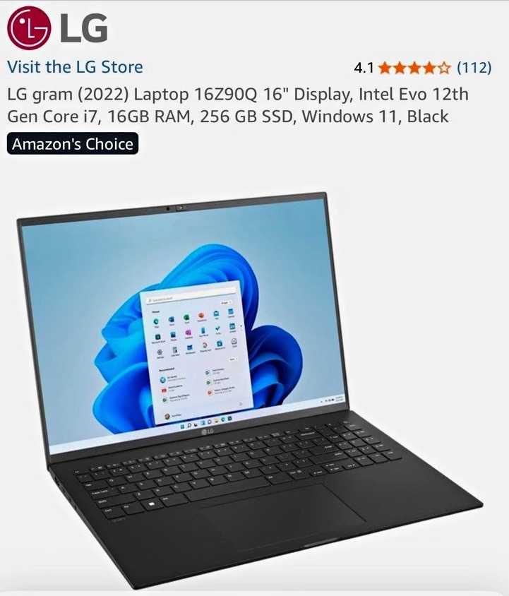 LG gram 16Z90Q (2022) 16in WQXGA Touch i7 12th Gen 16GB 256GB SSD W11 Black