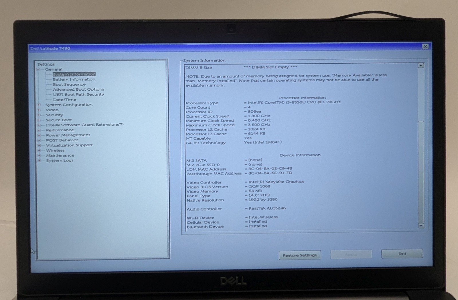 Incomplete Dell Latitude 7490 14″ Laptop Intel Core i5-8350U 1.70GHz 8GB RAM