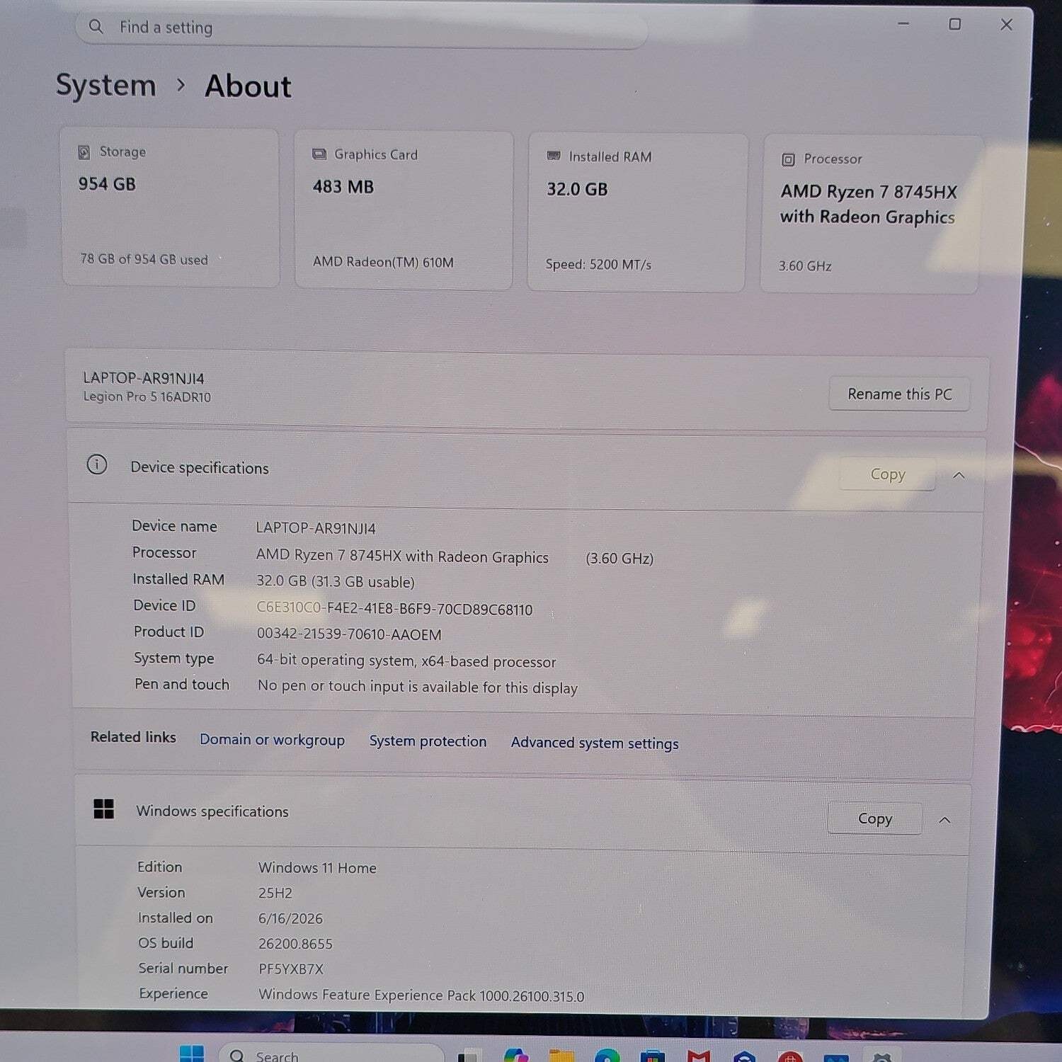 Lenovo Legion 5 Pro 16ADR10 16″ Ryzen 7 8745HX 32GB RAM 1TB SSD GeForce RTX 5060
