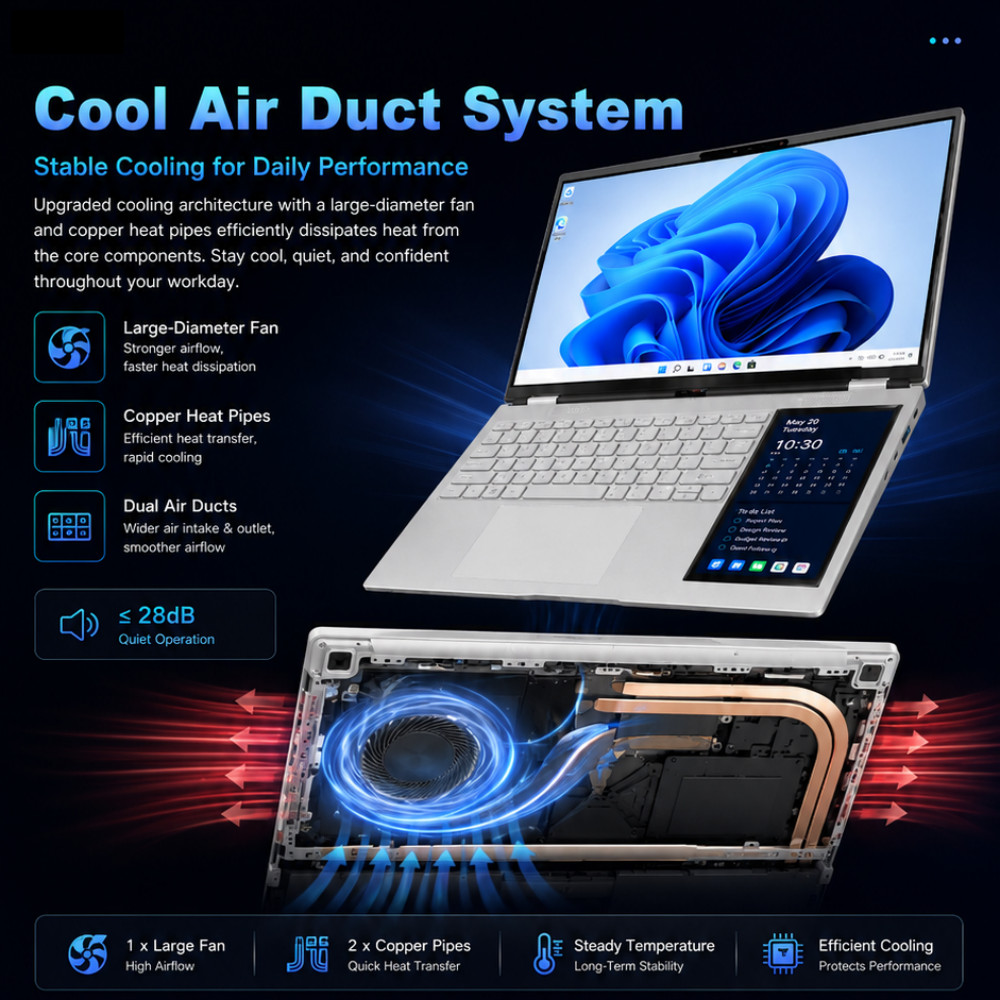 15.6″+7″Dual‑Screen Laptop Intel N150 16GB DDR4 Backlit Keyboard Face ID 5000mAh
