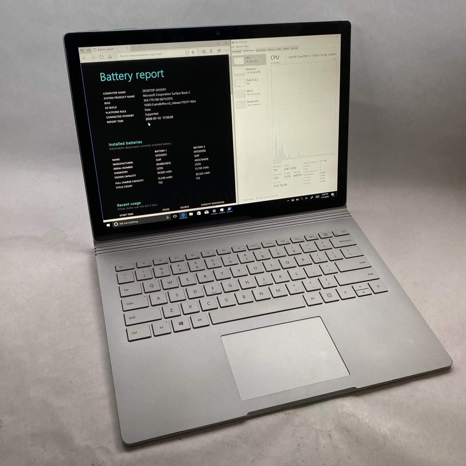 Microsoft Surface Book 2 1832 i5-7300U 2.6GHZ 8GB DDR3 256GB SSD Silver READ