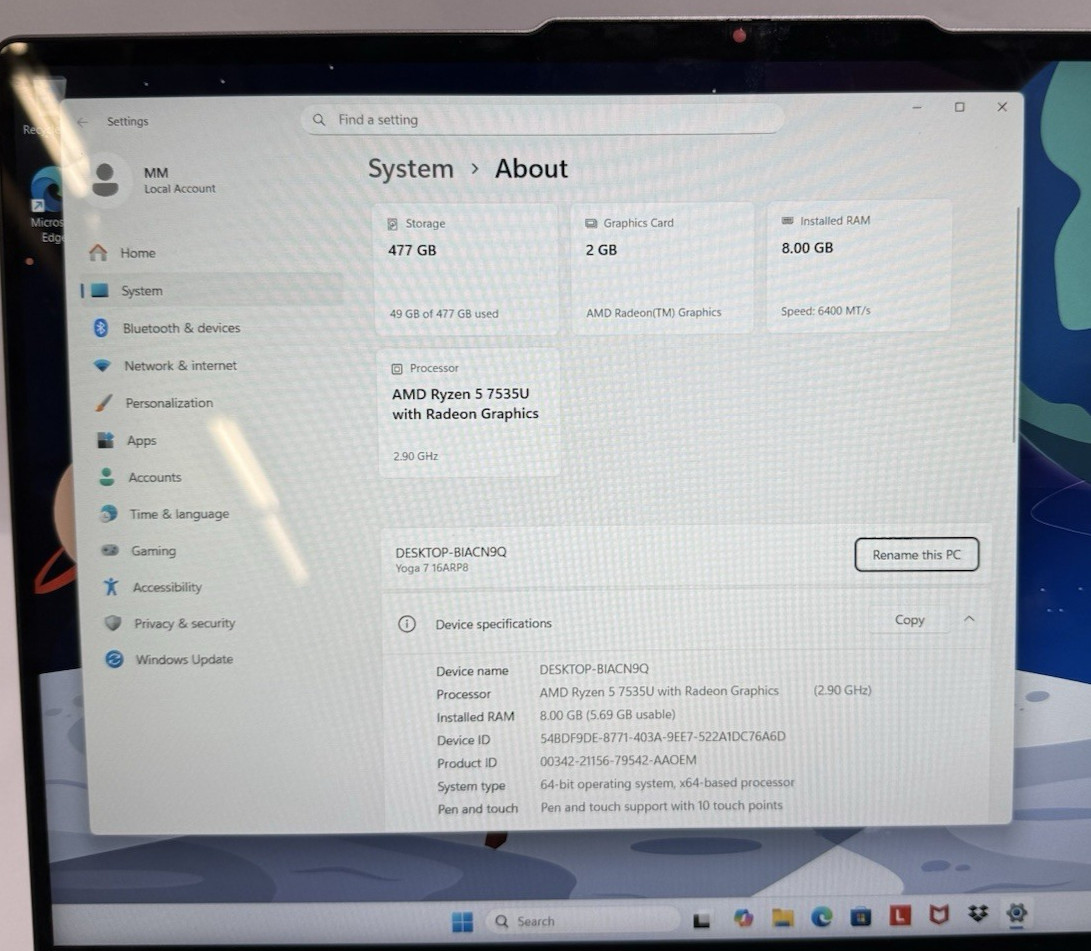 Lenovo Yoga 7 16ARP8 16″ (512GB SSD, Ryzen 5 7535U, 4.50 GHz, 8GB Ram)