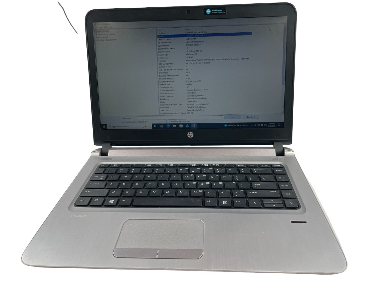 HP ProBook 440 G3 Core i3-6100U@2.30GHz 4GB RAM 128GB SSD Win. 10Pro Exlt. Bttry