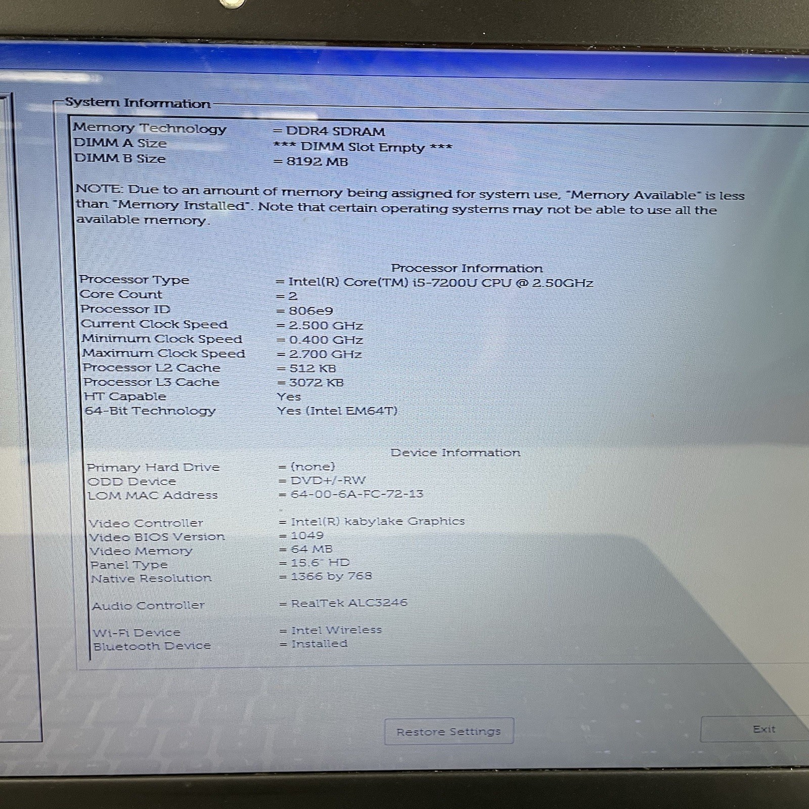 Dell Inspiron 5567 15.6″ i5-7200U 2.50 GHz 8 GB RAM No SSD/OS/AC