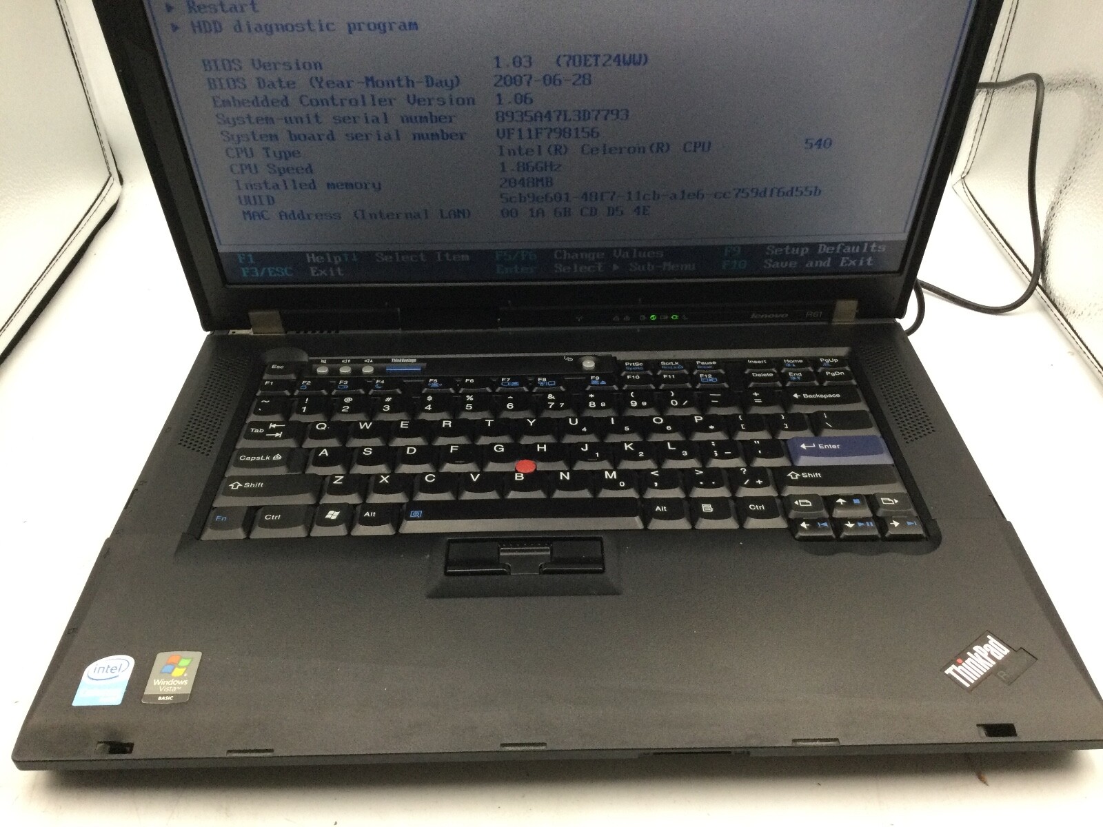 LENOVO THINKPAD R61 – BOOTS TO BIOS – INTEL CELERON – NO RAM – 16″ – READ – BB!