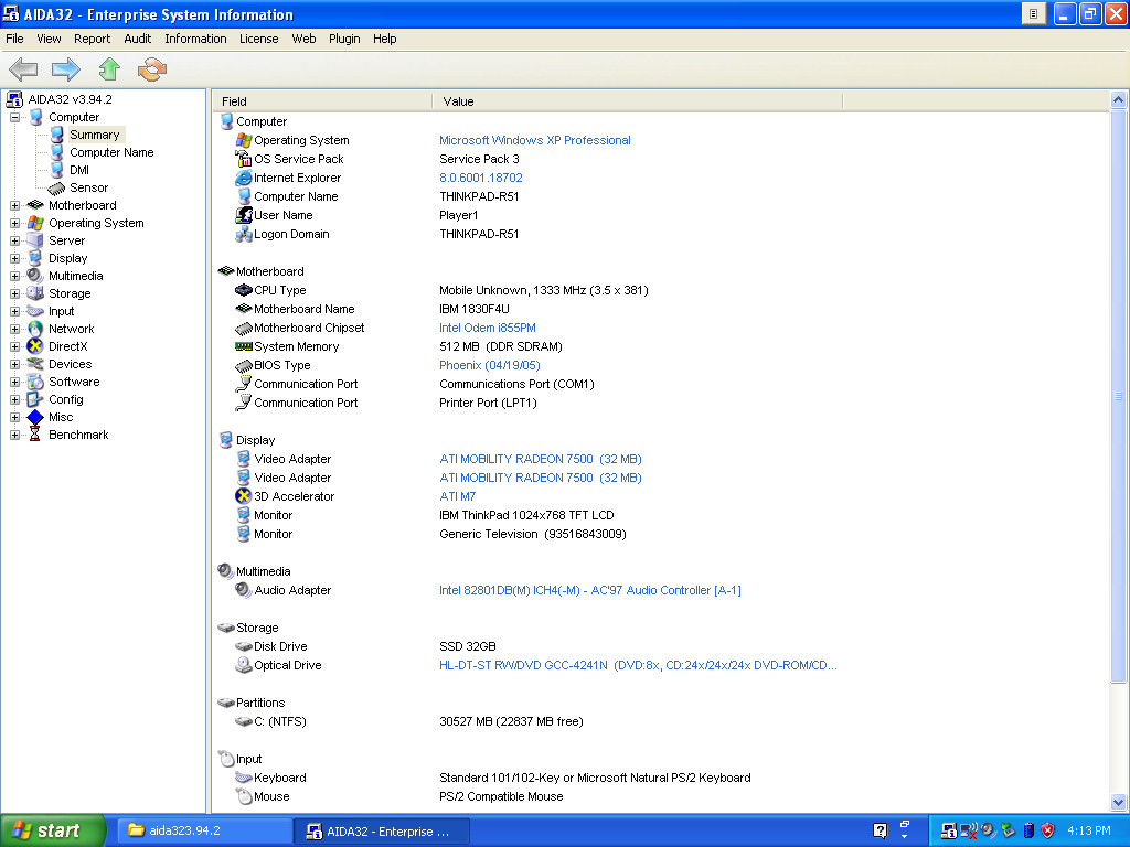 Windows XP Laptop – IBM Thinkpad R51 – Pentium M 1.7GHz, 512MB RAM, 32GB SSD