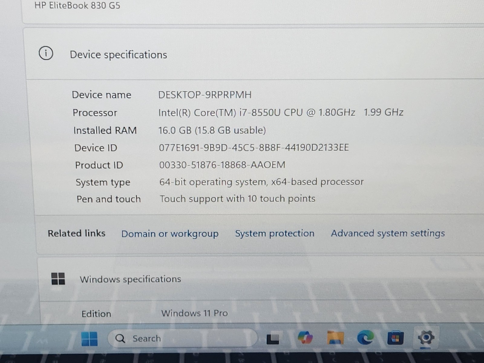 HP EliteBook 830 G5 13″ FHD Touchscreen i7-8550U 1.80GHz 16GB 256GB SSD Win 11 ~