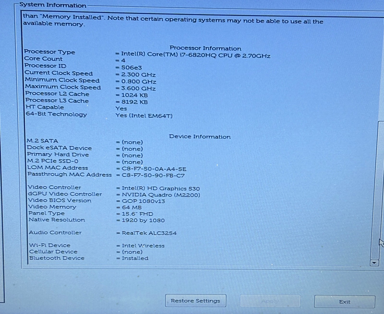 Dell Precision 7520 15.6″ i7-6820HQ 8GB RAM No SSD Quadro M2200 Workstation