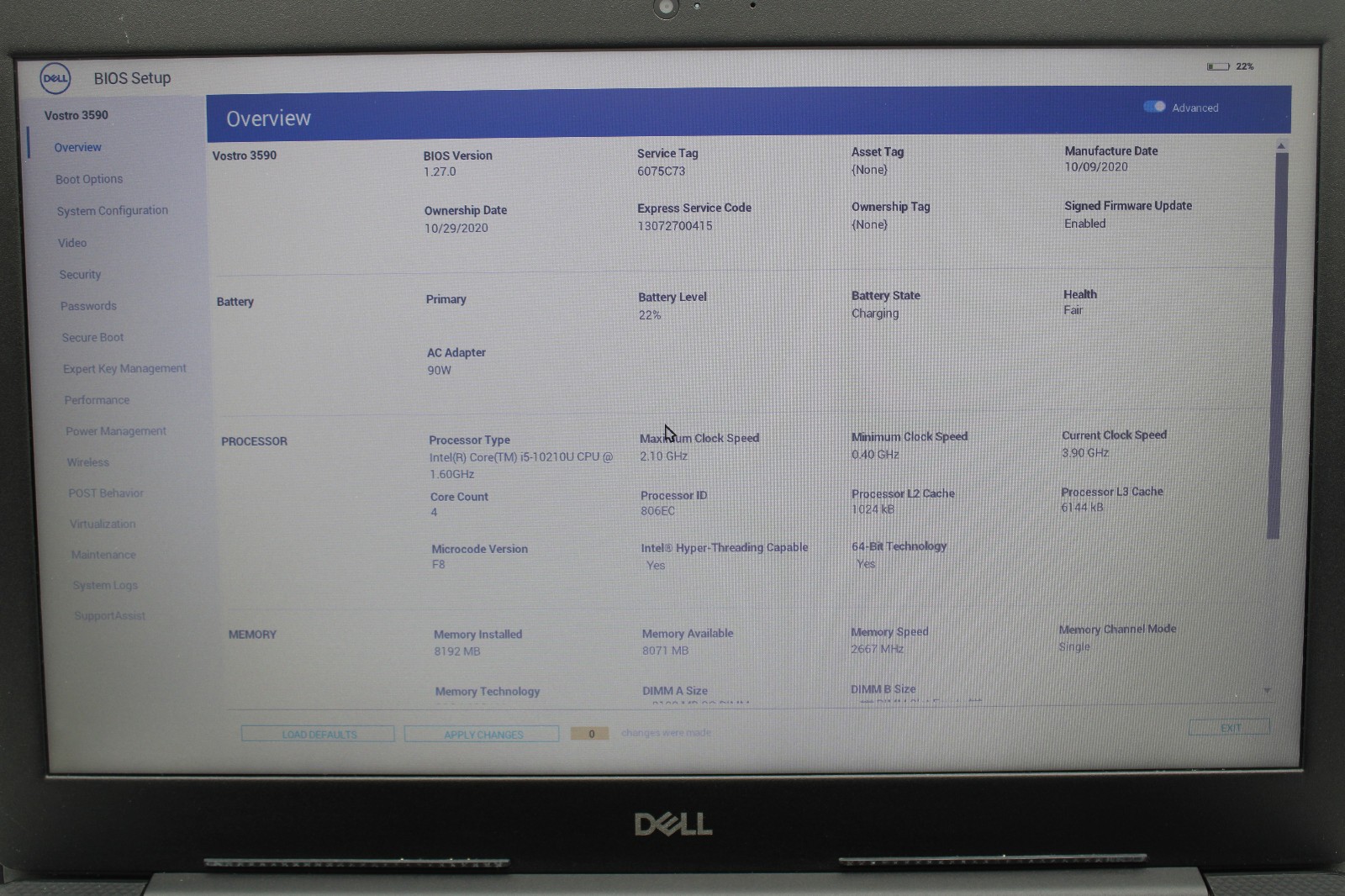 Dell Vostro 3590 i5-10210U @ 1.6 GHz 8GB DDR4 No SSD No OS