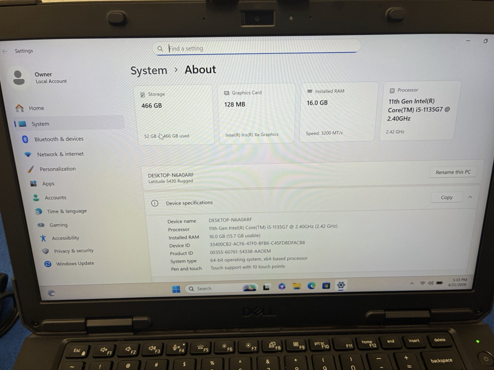 Dell Latitude 5430 Rugged 11th Gen i5 16GB 512GB 5G WWAN Win 11 Pro