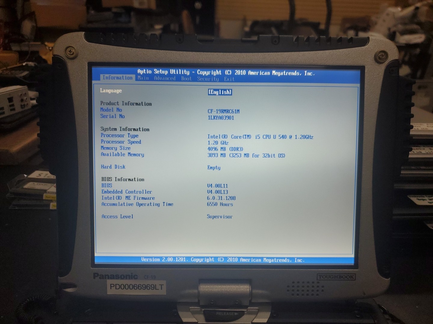 Panasonic Toughbook CF-19, i5-540 @ 1.2GHz, 4GB RAM, NO HD/caddy 6550 Hours