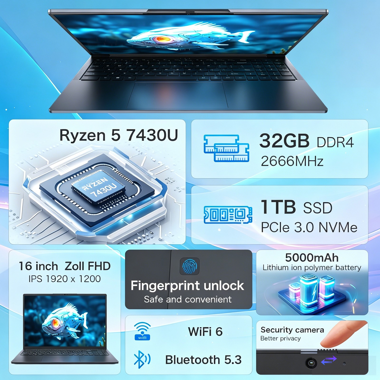16″ Laptop R5 7430U 32GB RAM 1TB SSD Numeric Keyboard Business Student Computer