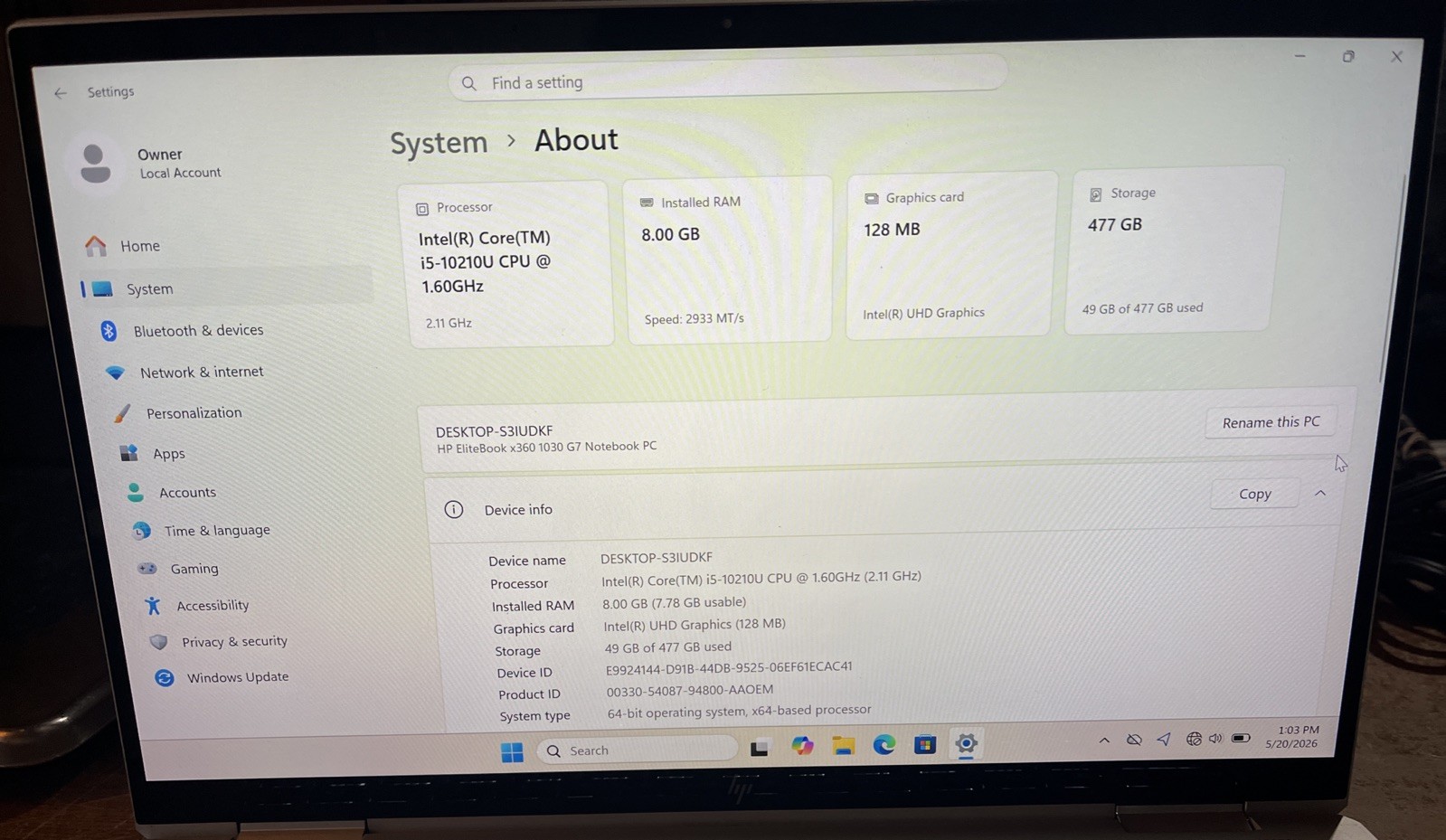 HP EliteBook x360 1030 G7 13.3″ i5-10210U@1.6GHz, 8GB RAM, 512GB M2, W11P