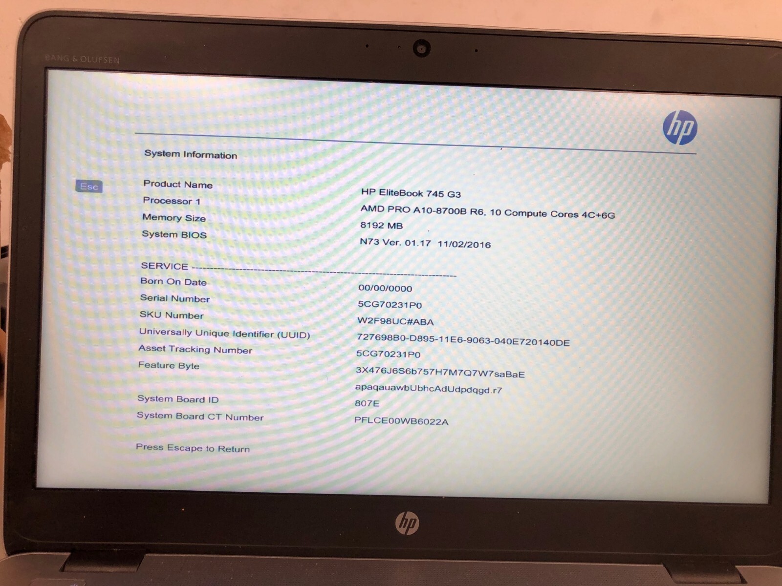 HP EliteBook 745 G3 AMD A10-8700B R6 8gb ram 240GB ssd w11p charger 5CG70231P0