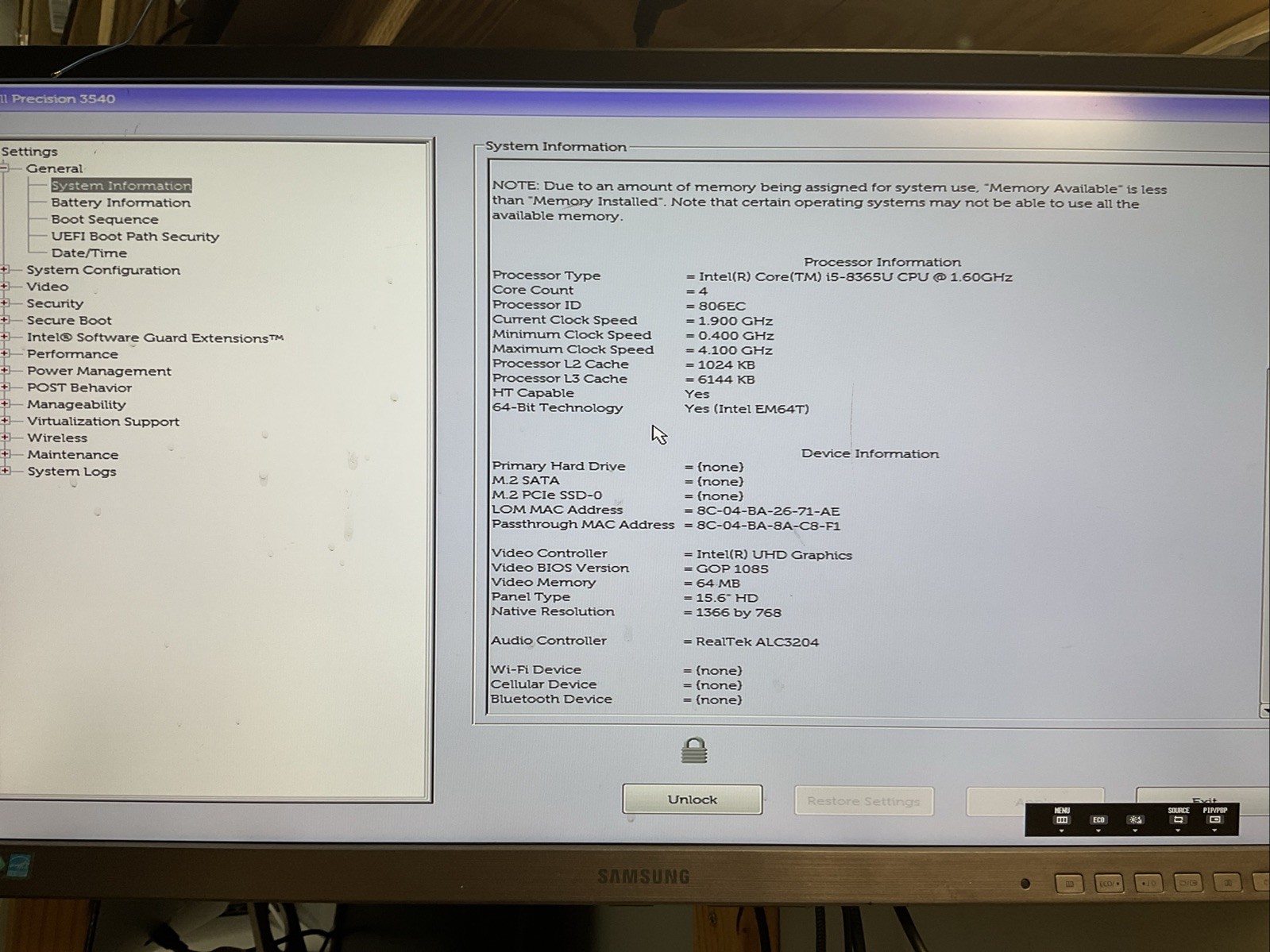 Precision 3540 / i5 8th / No RAM Laptop Notebook PC / P10