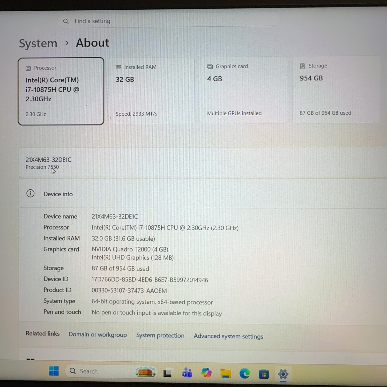 Dell Precision 7550 Laptop i7-10875H 32GB RAM 1TB SSD Quadro T2000 Win 11 Pro