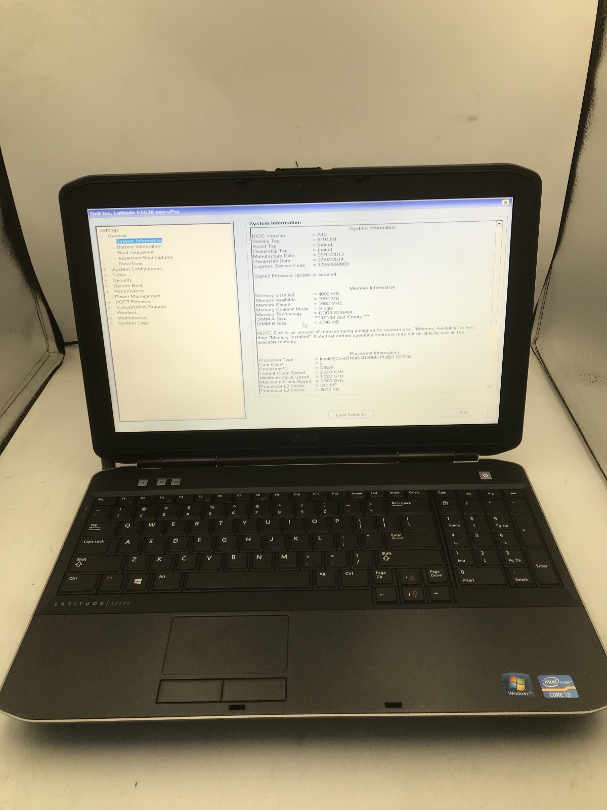 DELL LATITUDE E5530 – BOOTS TO BIOS/BAD LCD – INTEL I3 3110M – 8GB RAM -READ- BB