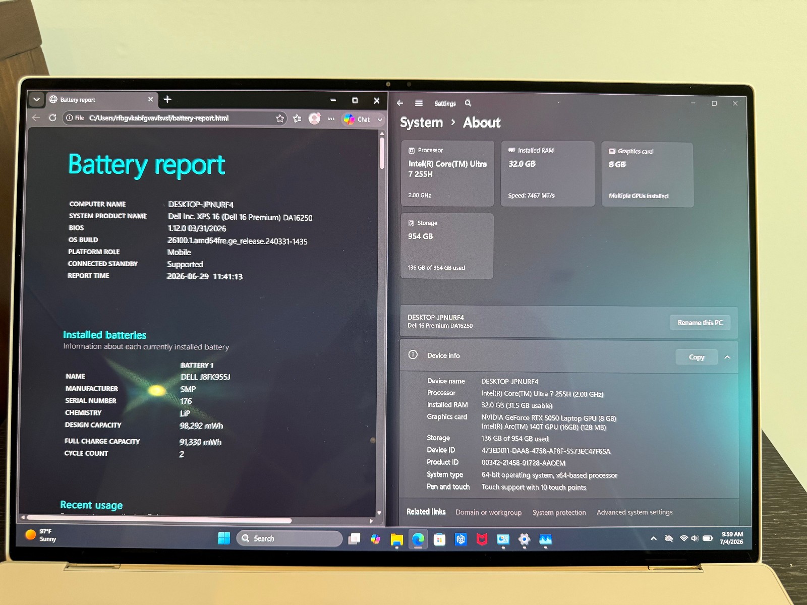Dell Premium 16″ XPS16 4K Touch OLED Core Ultra 7 255H RTX 5050 32GB 1TB #6