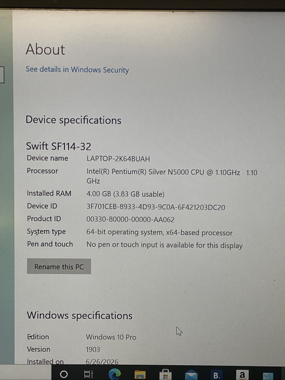 Acer Swift 1 14” FHD IPS N5000 4GB 64GB eMMC Win10 OEM Charger Tested