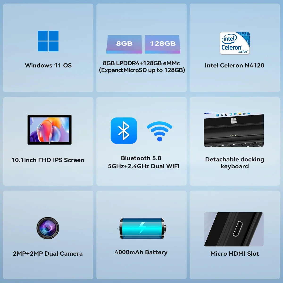 10.1″ 2-in-1 Laptop Tablet PC Win 11 8GB 128GB Intel N4120