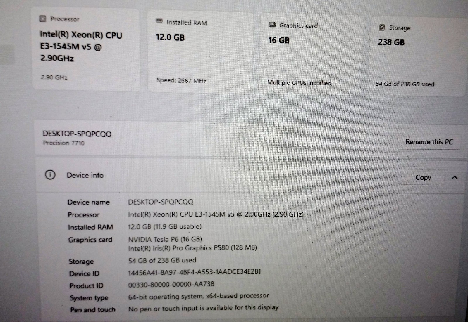 Dell Precision 7710 Xeon E3-1545M 2.9-3.8Ghz 12GB 256GB NVIDIA “P5000” AX200 W11