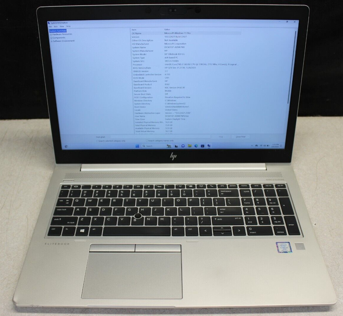 HP Elitebook 850 G5 I7-8650u 512SSD NVMe 16GB DDR4 WIN 11Pro **See Description