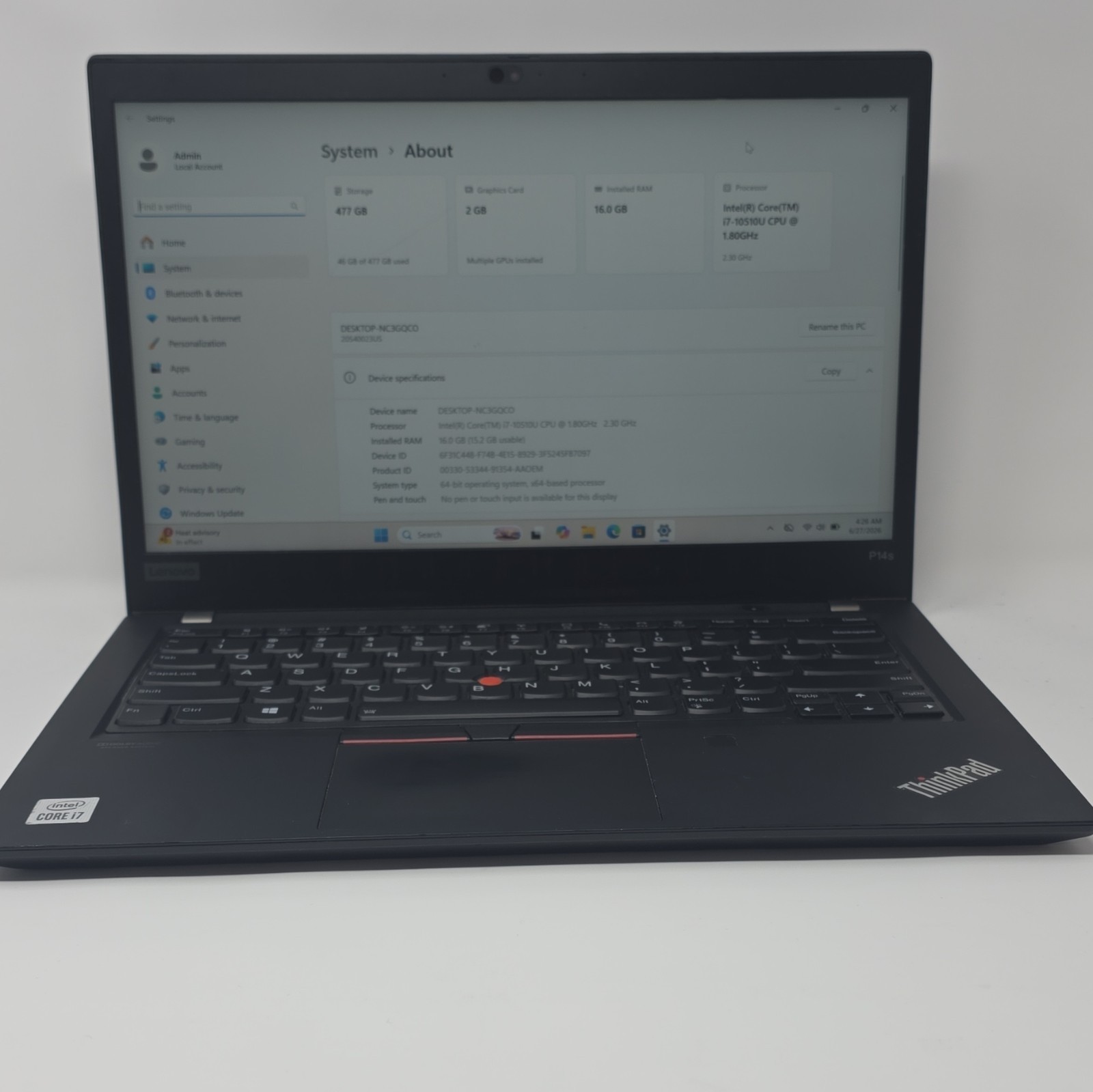 Lenovo ThinkPad P14s Gen 1 14in FHD i7-10510U 16GB 477GB SSD W11 Pro
