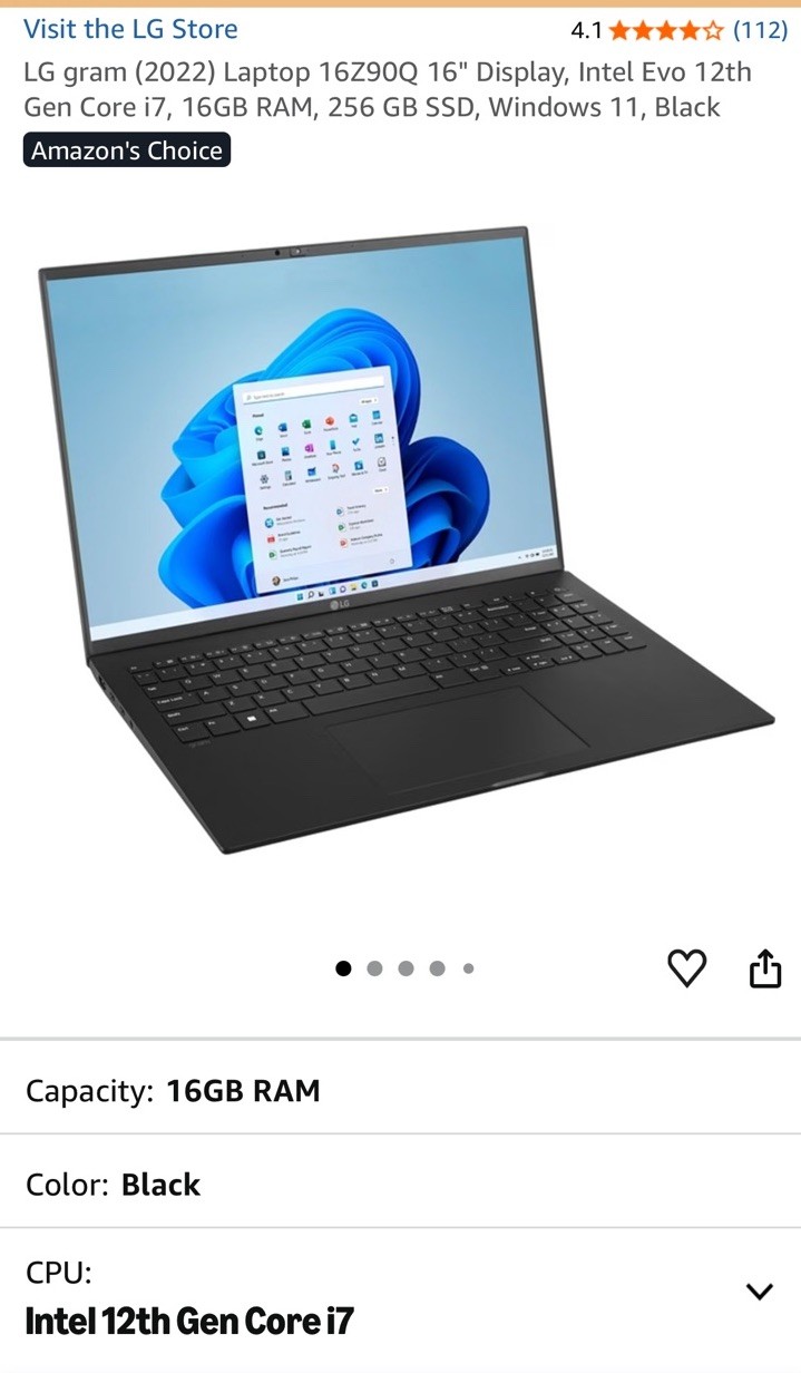 LG gram 16Z90Q (2022) 16in WQXGA Touch i7 12th Gen 16GB 256GB SSD W11 Black