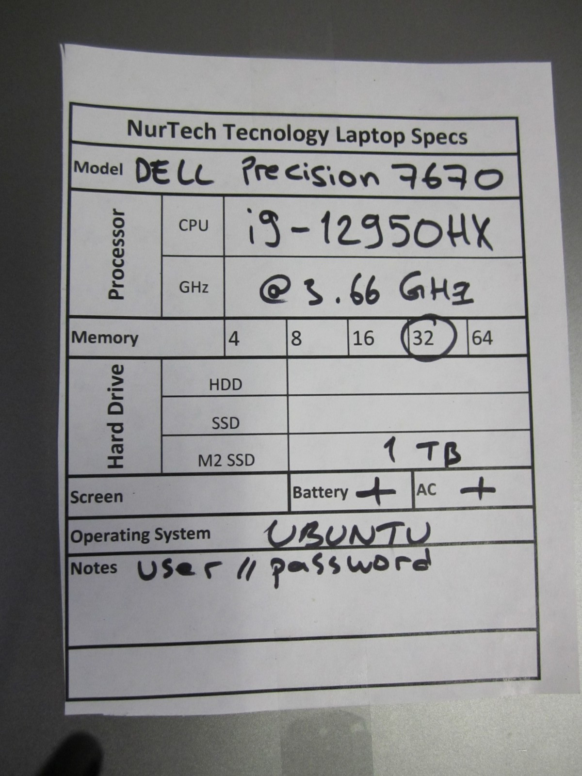 Dell Precision 7670 i9-12950HX 3.66GHz 1TB M2SSD 32GB UBUNTU LAPTOP + AC